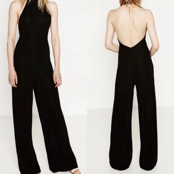 Zara Pants - Zara High Neck Halter Tie Wide Leg Black Jumpsuit Size L